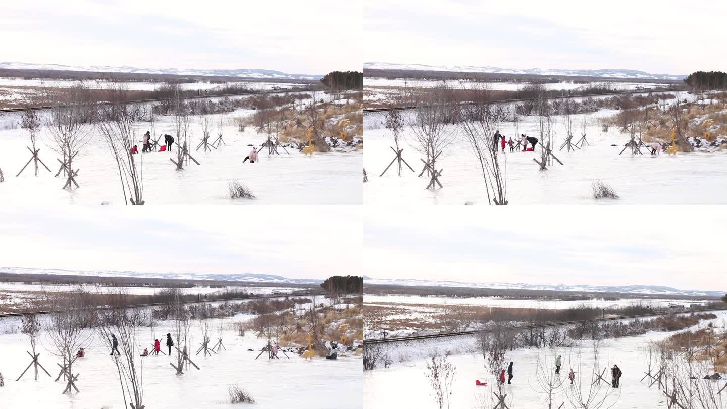 北方东北冬季冬天户外野外冰上亲子滑冰玩耍