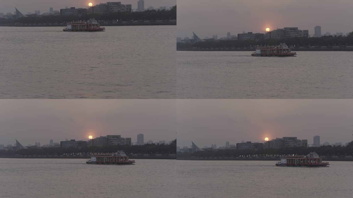 黄昏夕阳下的珠江风景和渡轮
