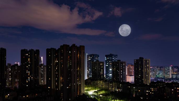 4K城市夜景月亮升起