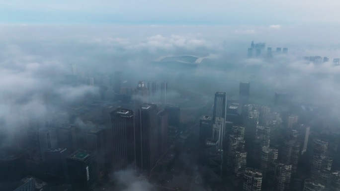 成都高新区航拍环球中心平流雾风景