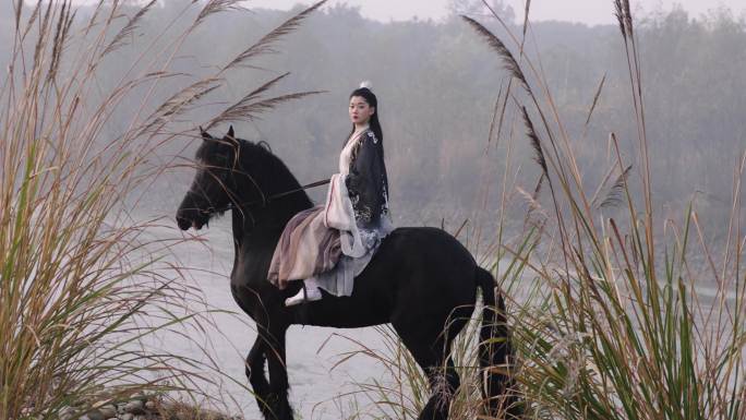 【独家】古代女子骑马回首离开
