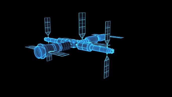 4K蓝色全息线框科技中国空间站素材带通道