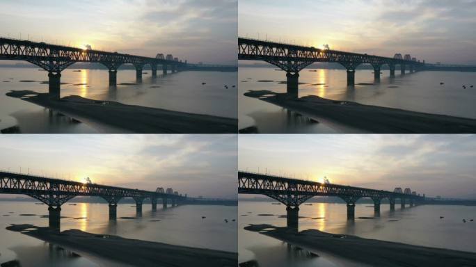 九江长江大桥航拍，公铁两用桥日出