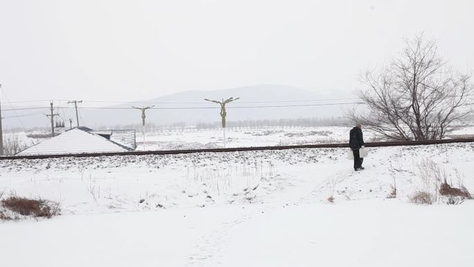 北方东北冬季冬天雪中老年人年轻人雪地行走