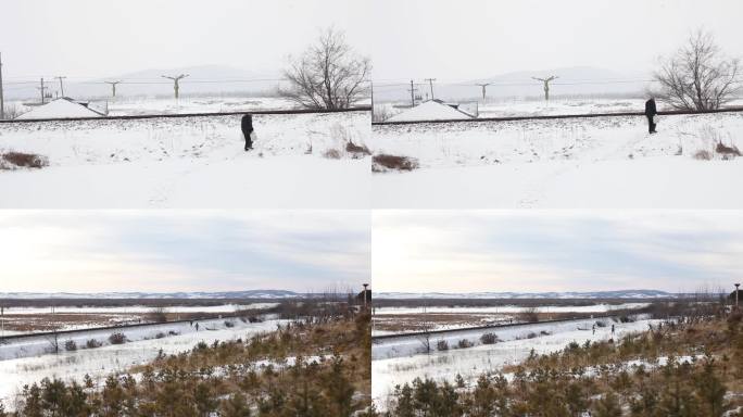 北方东北冬季冬天雪中老年人年轻人雪地行走