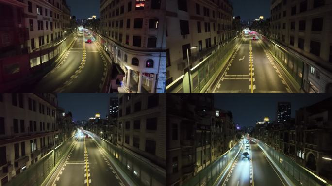 航拍广州珠江边街道车流夜景