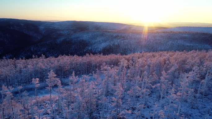 航拍大兴安岭林海雪原日出