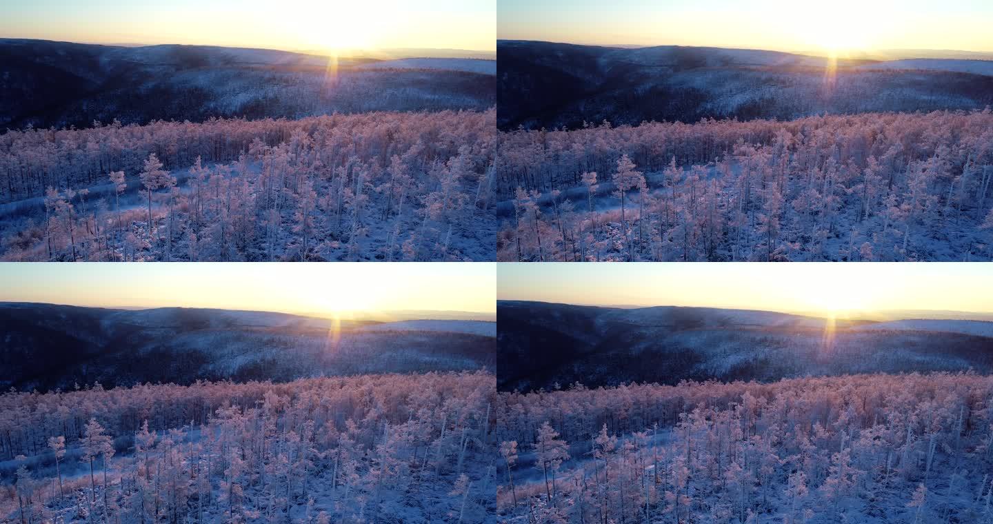 航拍大兴安岭林海雪原日出