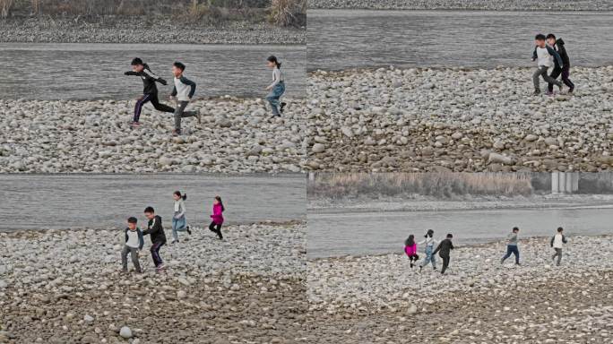 【独家】小孩子河边玩耍奔跑航拍