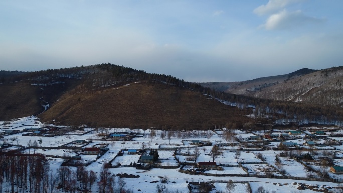 航拍东北林区雪村风光