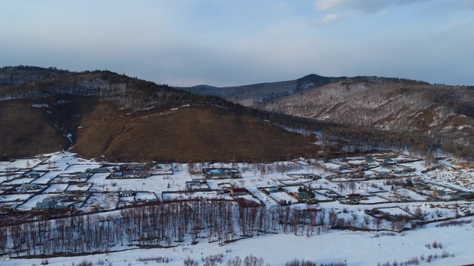 航拍东北林区雪村风光