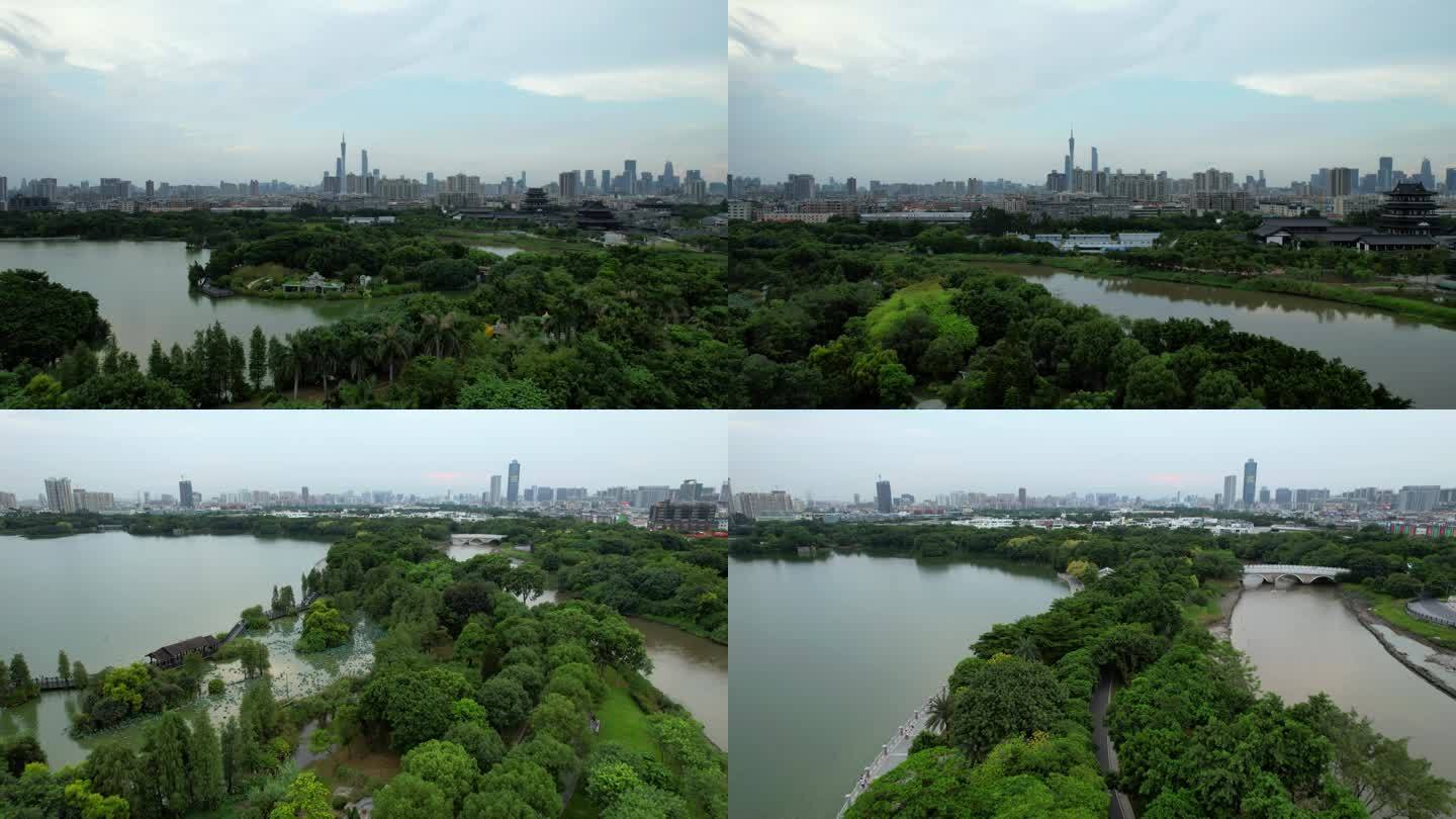 广州海珠湖航拍俯瞰公园珠江新城