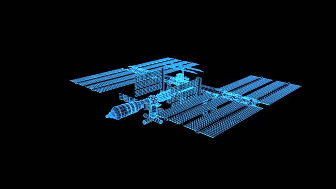 蓝色全息线框投影科技国际空间站素材带通道