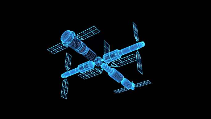 4K蓝色全息线框科技中国空间站素材带通道