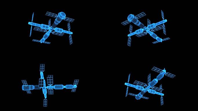 4K蓝色全息线框科技中国空间站素材带通道