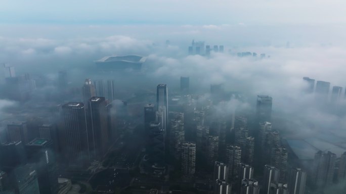 成都环球中心高新区航拍城市景观平流雾