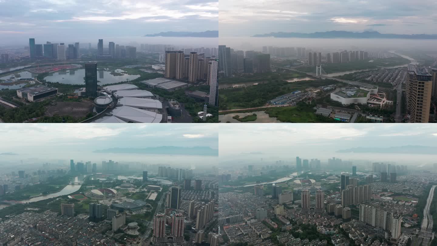 合集 浙江义乌城市地标平流雾风光航拍