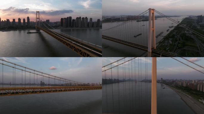 杨泗港长江大桥日落前夕的金色时刻航拍