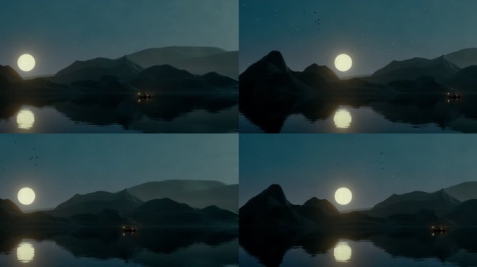 明月倒影古船唯美背景满月中秋4k