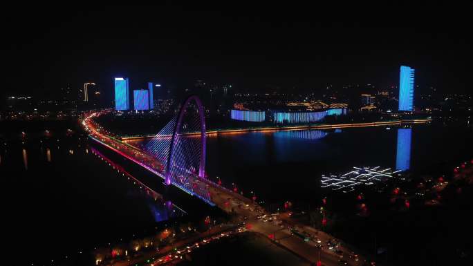 航拍-西安-浐灞-斜拉桥-夜景