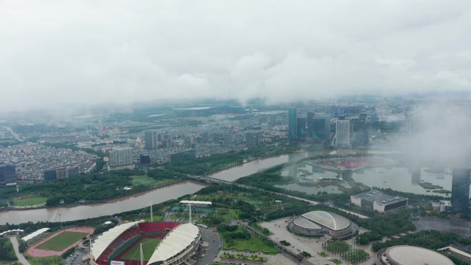 浙江义乌城市地标云海风光航拍