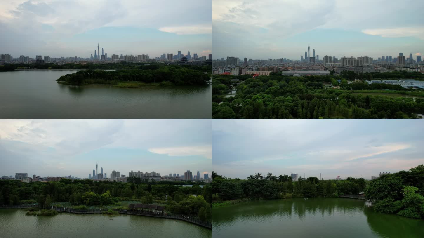 广州海珠湖航拍俯瞰公园珠江新城