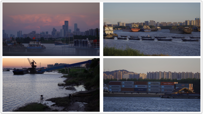 湘江长沙港集装箱货轮河水夕阳