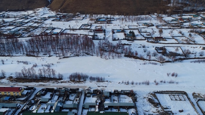 航拍东北林区雪村风光