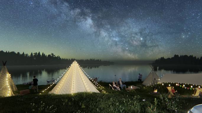 夜晚星空湖边露营