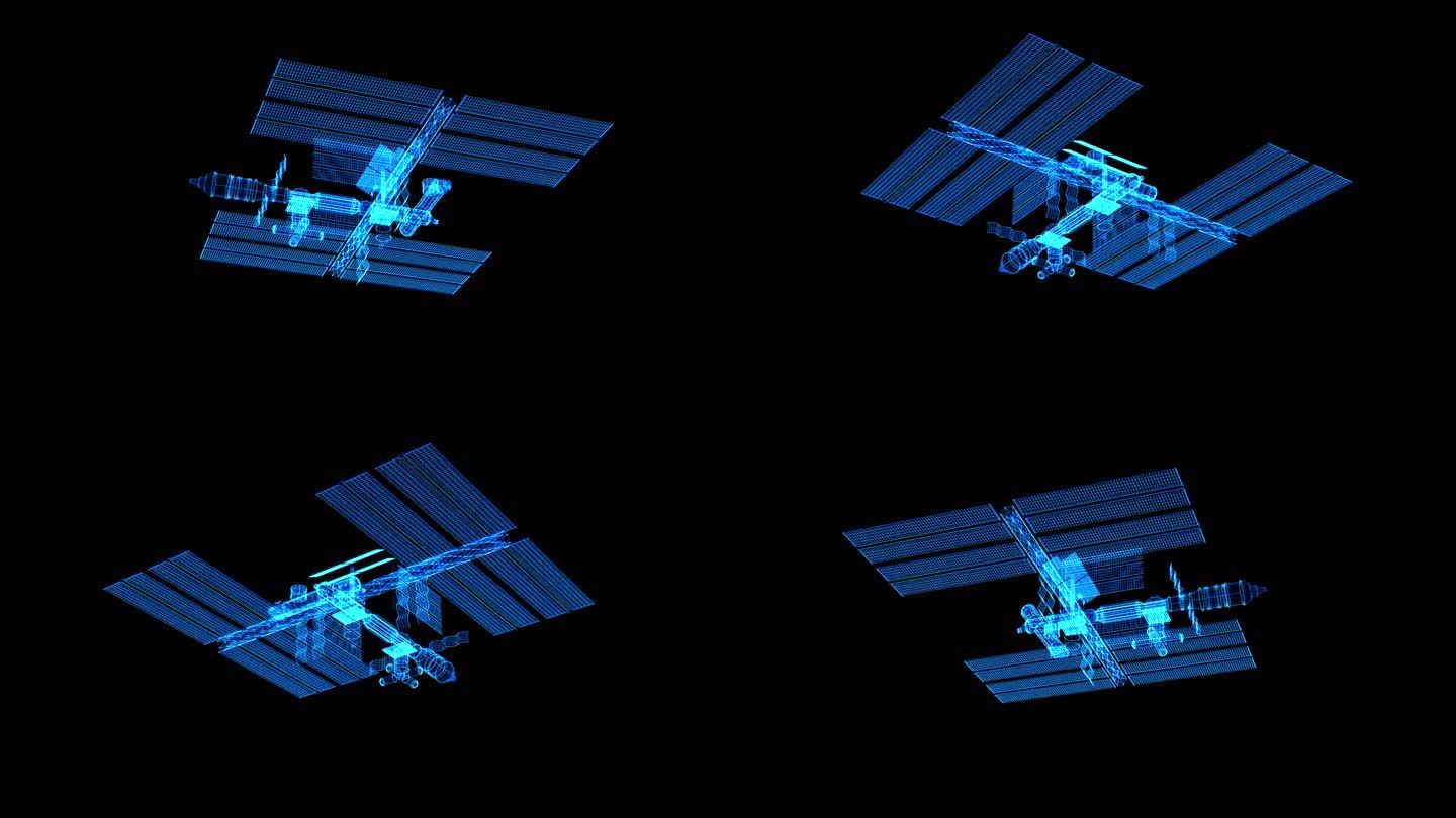蓝色全息线框投影科技国际空间站素材带通道