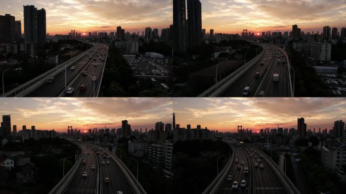 城市高架环线交通夕阳延时航拍