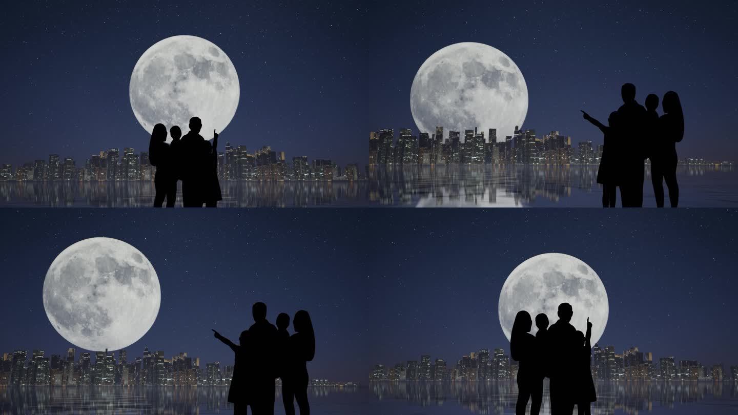 中秋节一家人团聚赏月欣赏城市夜景超级月亮