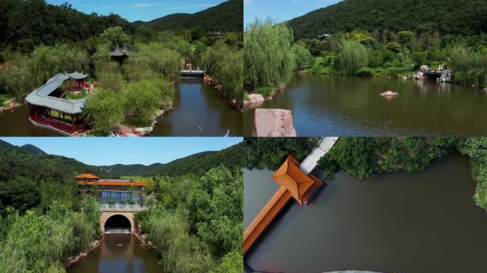 航拍大连横山寺景区湖泊亭子山水