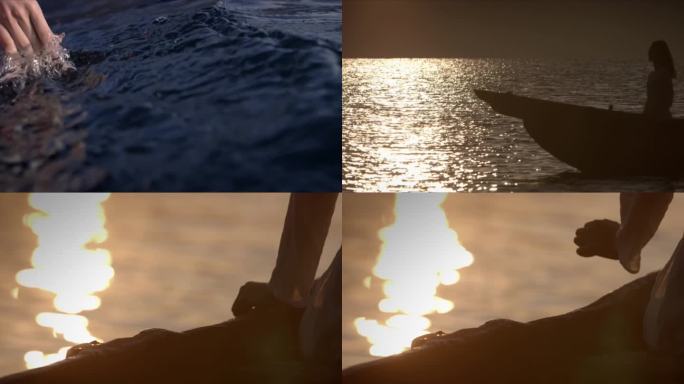 夕阳下美女在海边乘船眺望远方