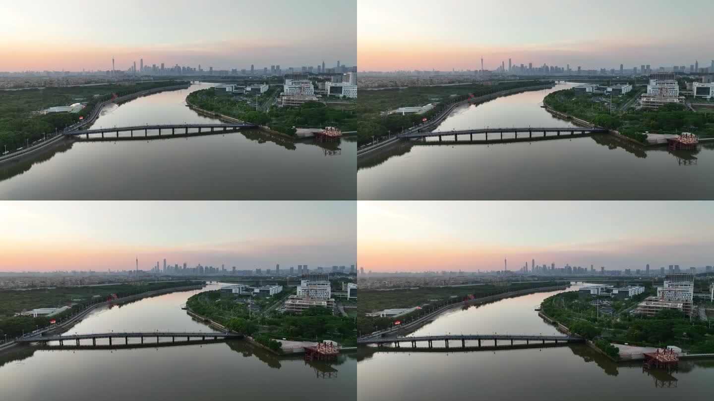 航拍霞映衬得江面和桥梁远眺广州是中心建筑