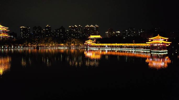 4k西安大唐芙蓉园夜景低空俯拍