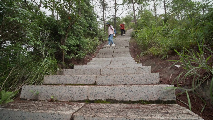 景区陡峭台阶公园登山步道户外徒步下台阶