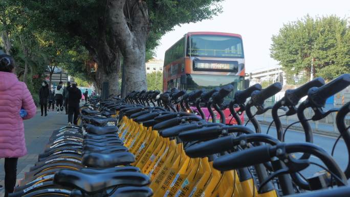 实拍城市交通绿色出行方式单车公交车行人