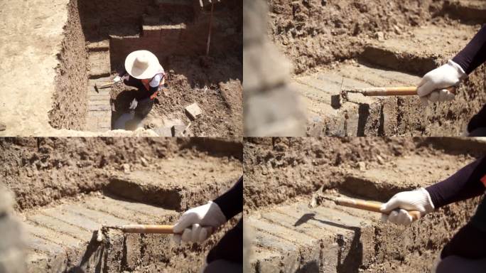 考古探秘人员用铁铲清理墓室B006