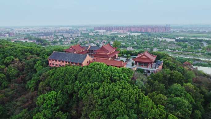 航拍上海小昆山九峰寺建筑风光