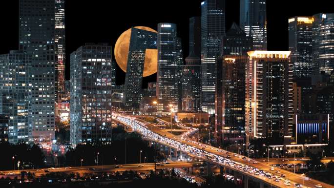 4K中秋城市CBD夜景月亮升起