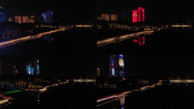 河南郑州地标龙子湖夜景航拍
