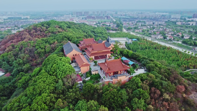 航拍上海小昆山九峰寺建筑风光