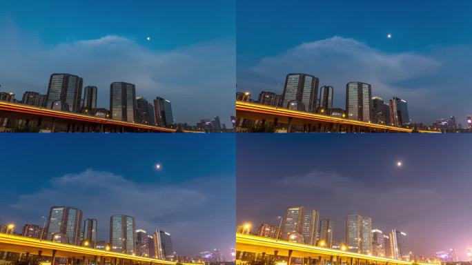 成都高新区建筑交通月亮升起城市夜景延时