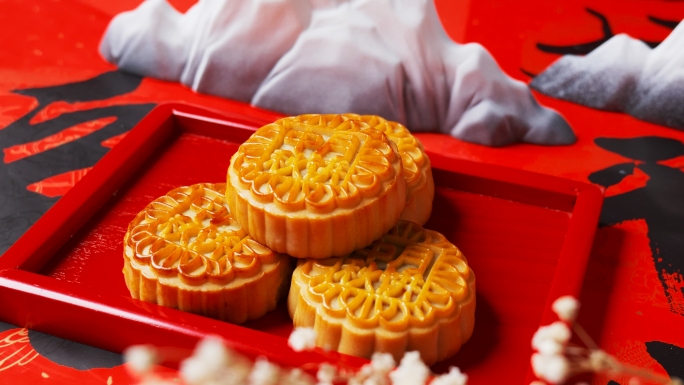 红色喜庆中秋节月饼展示唯美特写