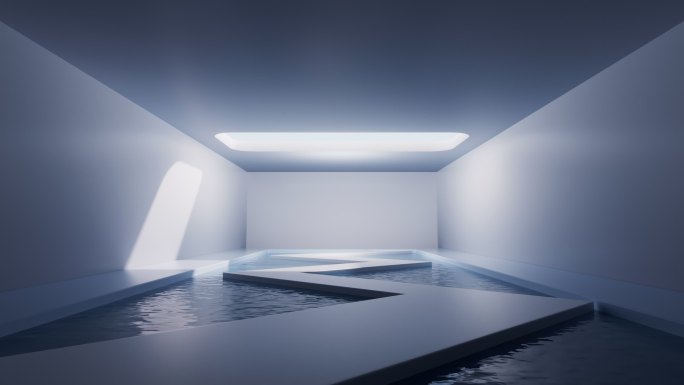 现代建筑室内水面空间3D渲染