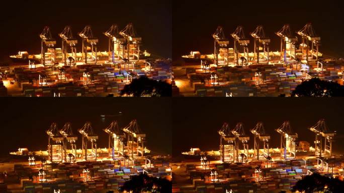 4K夜色下的深圳蛇口赤湾港大型货轮卸货