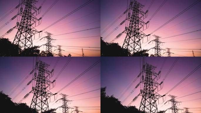 4K夕阳下的高压线电塔