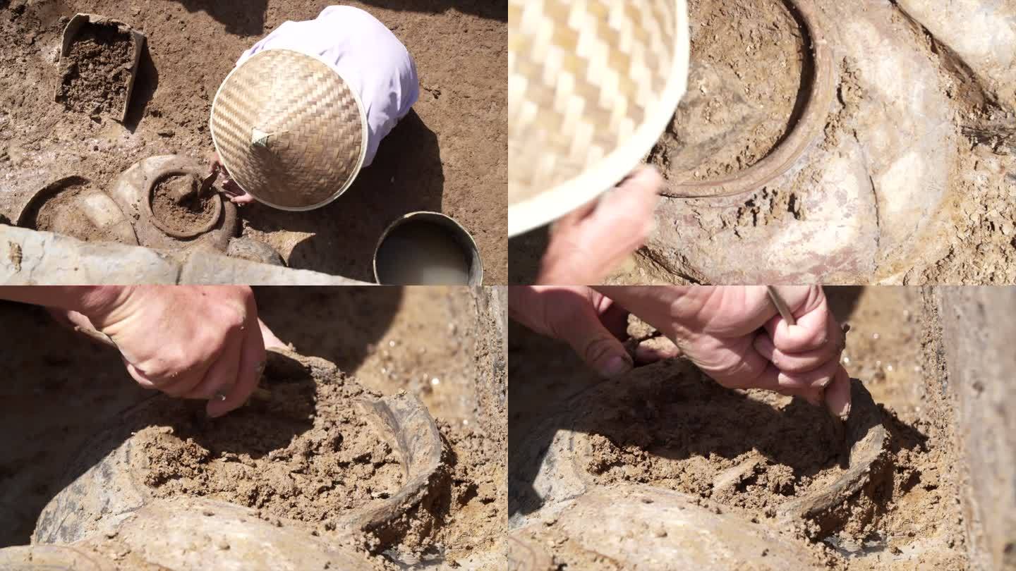 考古人员挖掘出土文物陶罐陶器B006