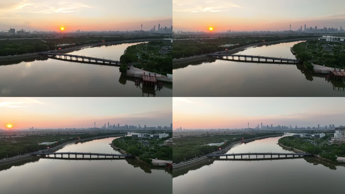 航拍夕阳晚霞江面桥梁远眺广州市中心建筑群